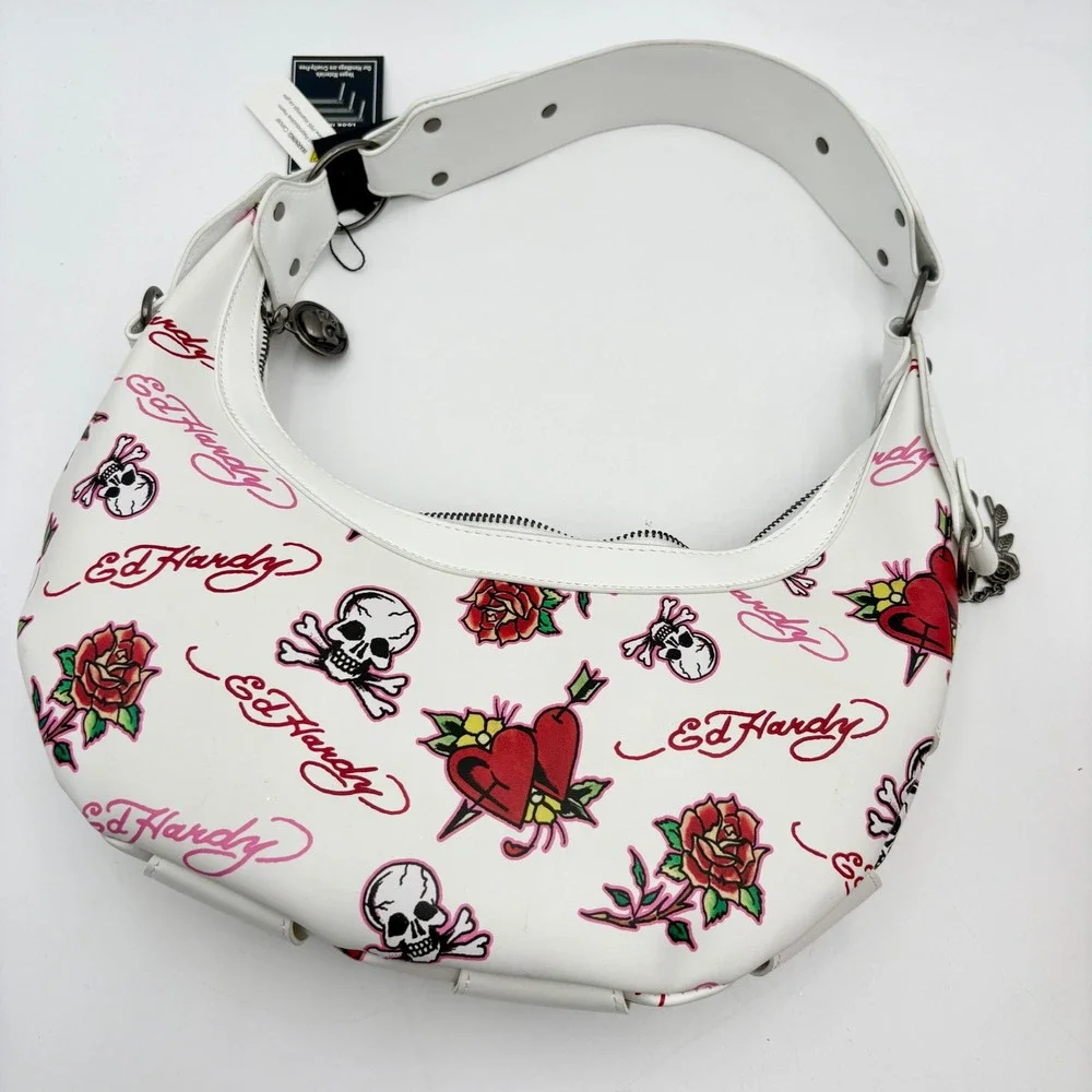 Ed Hardy White Skull‎ Rose Tattoo Hobo Shoulder Bag Purse